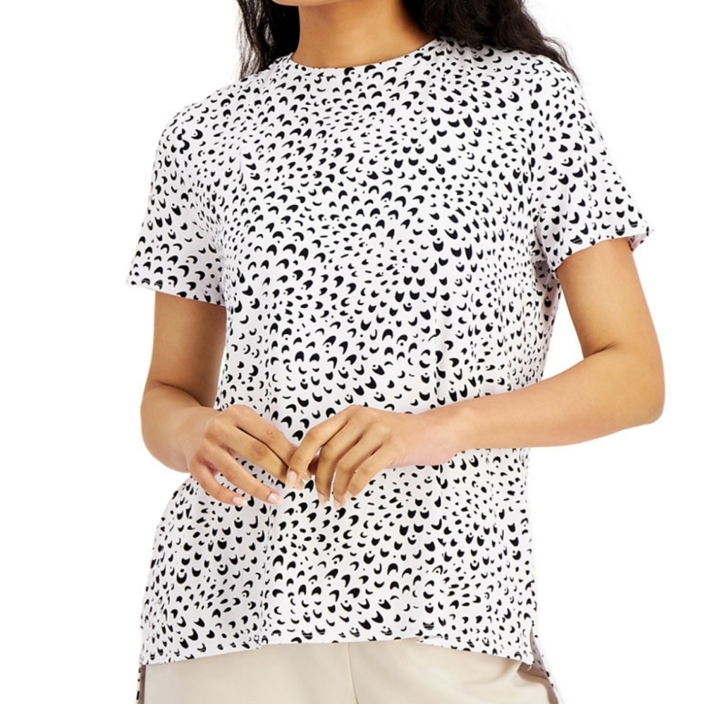 Alfani Petite Printed Step-Hem Top White Mini Waves PL